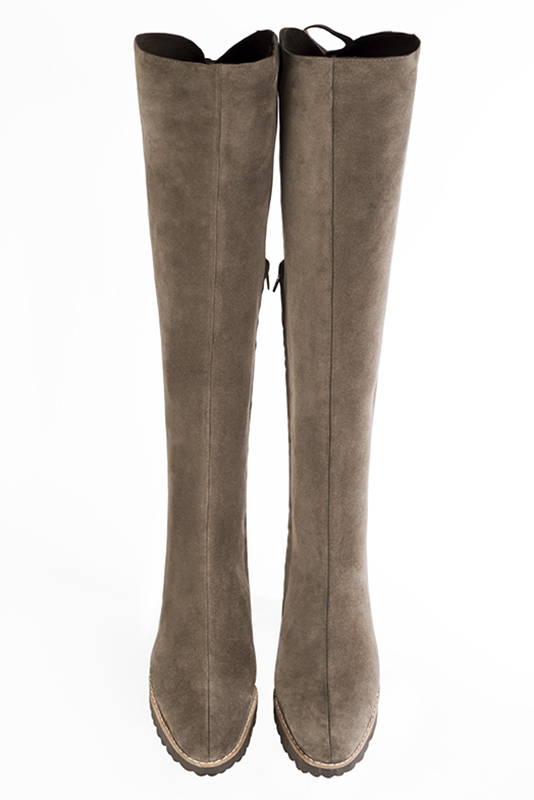 Tan beige women's leather thigh-high boots. Round toe. Flat rubber soles. Made to measure. Top view - Florence KOOIJMAN